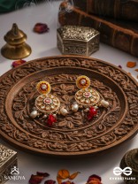 DIVYANJALI - DIVINE OFFERING-  KUNDAN, PEARLS, AND RED STONES HANDMADE EARRINGS