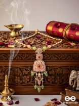 MADHUVRATA – SWEET AS SPRING BLOOM - GRACEFUL PINK ENAMELLED PENDANT NECKLACE WITH KUNDAN GREEN BEADS AND PEARL DROPS