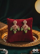 MADHUVRATA – SWEET AS SPRING BLOOM - GRACEFUL PINK ENAMELLED EARRINGS WITH KUNDAN GREEN BEADS AND PEARL DROPS
