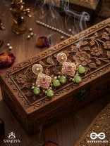 MADHUVRATA – SWEET AS SPRING BLOOM - GRACEFUL PINK ENAMELLED EARRINGS WITH KUNDAN GREEN BEADS AND PEARL DROPS