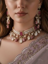 MANOHARA - CHARMING BEAUTY- HANDMADE KUNDAN SET WITH NECKLACE AND EARRINGS 