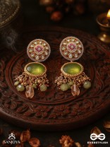 HARITRINA - GREEN AND PINK BEAUTY - ORNATE KUNDAN EARRINGS WITH FLORAL MOTIFS AND SPARKLING DROPS