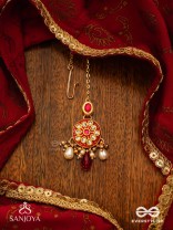 AGNITA - FIERY BEAUTY - INTRICATE KUNDAN RED POLKI MAANGTIKA WITH PEARLS AND GEM FRINGES