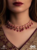 RUDRANJALI - SACRED RED OFFERING- TRADITIONAL RED ENAMELLED POLKI CHOKER WITH LUSTROUS BEADS AND PEARLS