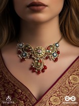 SUVARNAPUSHPA - GOLDEN BLOSSOM - LUXURIOUS HERITAGE KUNDAN NECKLACE WITH RED AND BLUE ENAMEL WORK, PEARLS AND BEADS