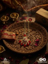 SUVARNAPUSHPA - GOLDEN BLOSSOM - LUXURIOUS HERITAGE KUNDAN MAANGTIKA WITH RED AND BLUE ENAMEL WORK, PEARLS AND BEADS