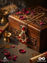 SUVARNAPUSHPA - GOLDEN BLOSSOM - LUXURIOUS HERITAGE KUNDAN MAANGTIKA WITH RED AND BLUE ENAMEL WORK, PEARLS AND BEADS