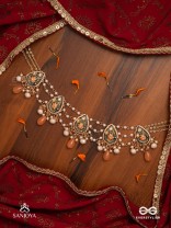 SANDHYAPRIYA - LOVER OF DUSK - EXQUISITE GOLDEN ENAMELLED KUNDAN NECKLACE WITH LUSTROUS ORANGE GEM DROPS
