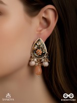 SANDHYAPRIYA - LOVER OF DUSK - EXQUISITE GOLDEN ENAMELLED KUNDAN EARRINGS WITH LUSTROUS ORANGE GEM DROPS