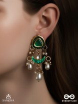RATNODYA - RISING GEM - DAZZLING KUNDAN EARRINGS WITH PEARLS AND ROYAL GREEN AND GOLD ACCENTS