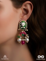 INDULEKHA - MOON'S BEAUTY - EXQUISITE CRESCENT-MOTIF KUNDAN EARRINGS WITH ENAMEL DETAILS AND PEARL DROPS