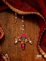 INDULEKHA - MOON'S BEAUTY - EXQUISITE CRESCENT-MOTIF KUNDAN MAANGTIKA WITH ENAMEL DETAILS AND PEARL DROPS