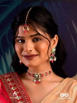 INDULEKHA - MOON'S BEAUTY - EXQUISITE CRESCENT-MOTIF KUNDAN MAANGTIKA WITH ENAMEL DETAILS AND PEARL DROPS