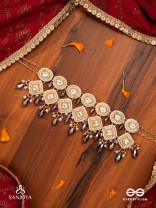 SHYAMALA - DUSKY QUEEN- GEOMETRIC POLKI NECKLACE WITH RICH GLASS DROPS AND PEARLS