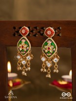 SHRINGARIKA - THE ADORNED ONE- ELEGANT PEARL EARRINGS WITH GREEN ENAMEL DROP, KUNDAN AND BEADS