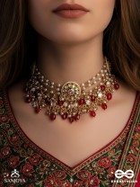 TRIBANDHURA - THREE-STRANDED BEAUTY- TRIPLE-CHAIN KUNDAN NECKPIECE WITH FLORAL ENAMELLED MEDALLIONS AND RUBY DROPS