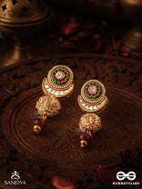 SHASHIRATNA - MOON GEM- MINIMALISTIC KUNDAN ENAMEL EARRINGS WITH FLORAL CENTER, PEARL SPHERES AND CELESTIAL DESIGN