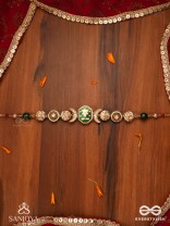 SHASHIRATNA - MOON GEM- MINIMALISTIC KUNDAN ENAMEL NECKLACE WITH FLORAL CENTER, PEARL SPHERES AND CELESTIAL DESIGN
