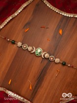 SHASHIRATNA - MOON GEM- MINIMALISTIC KUNDAN ENAMEL NECKLACE WITH FLORAL CENTER, PEARL SPHERES AND CELESTIAL DESIGN