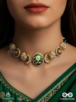 SHASHIRATNA - MOON GEM- MINIMALISTIC KUNDAN ENAMEL NECKLACE WITH FLORAL CENTER, PEARL SPHERES AND CELESTIAL DESIGN