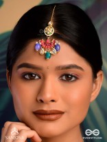 RANGAMAYA - FILLED WITH COLORS- INTRICATE KUNDAN CRESCENTS ENAMELLED MAANGTIKA WITH VIBRANT BEADED FRINGES AND PEARLS