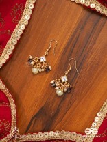 HARSHITA - THE JOYFUL ONE- DELICATE PEARL EARRINGS WITH MINI KUNDAN BLOOMS AND GREEN GEM DROPLETS