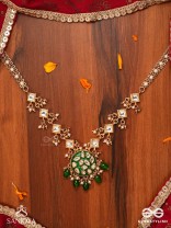 ARUNODAYA - DAWN RAYS- SYMMETRICAL KUNDAN POLKI NECKPIECE WITH EMERALD GREEN ENAMEL ACCENT, PEARLS AND BEADS