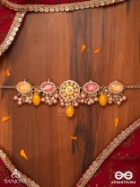 MADHUVARNIKA - HONEY HUE- SOFT FEMININE KUNDAN NECKPIECE FEATURING PEARLS AND PASTEL GEMSTONE DROPS