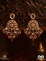 TRIBANDHURA - THREE-STRANDED BEAUTY-  KUNDAN EARRING WITH FLORAL ENAMELLED MEDALLIONS AND RUBY DROPS