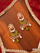 TULSIRAGA - TOUCH OF TULSI- ELEGANT PEARL LAYERED EARRINGS WITH KUNDAN, GEMSTONE AND RICH RUBY DROPLETS