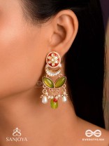 TULSIRAGA - TOUCH OF TULSI- ELEGANT PEARL LAYERED EARRINGS WITH KUNDAN, GEMSTONE AND RICH RUBY DROPLETS