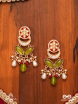 TULSIRAGA - TOUCH OF TULSI- ELEGANT PEARL LAYERED EARRINGS WITH KUNDAN, GEMSTONE AND RICH RUBY DROPLETS