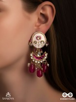KAMALANGI - LOTUS-BODIED- FLORAL ENAMEL CENTRE DESIGN EARRINGS WITH TRIPLE CHAIN LAYERS AND RUBY BEADS AND PEARLS