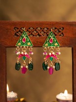 TRIKONIKA - TRIANGULAR BEAUTY- ENAMELED TRIANGLE TOP EARRINGS WITH RED CRESCENT, PEARLS AND BEADS