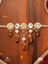 KANAKLEKHA - GOLDEN GLEAM- ROUND POLKI ACCENTED NECKPIECE WITH DEWY WHITE PEARLS AND WARM EARTHY TONE BEADS