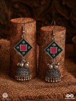 FOLK FLAIR – ENAMELLED OXIDISED JHUMKA WITH DOME DROP