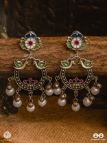 BIRDS OF BLISS – OXIDISED CHANDBALI WITH FLORAL & PEARL ACCENTS