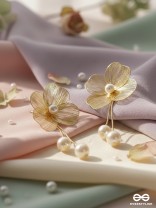 PETAL CASCADE – GOLDEN FLORAL EARRINGS WITH PEARL DROPS