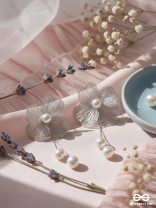 PETAL CASCADE – SILVER FLORAL EARRINGS WITH PEARL DROPS