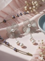 PETAL CASCADE – SILVER FLORAL EARRINGS WITH PEARL DROPS