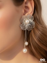 PETAL CASCADE – SILVER FLORAL EARRINGS WITH PEARL DROPS
