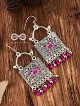 The Embellished Trunk - Oxidised Boho Earrings (Silver-Pink)