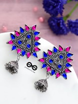 The Ethnic Wonders (Pink Blue) - Embellished Oxidised Earrings