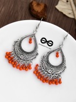 The Intricate Motif Drops (Orange) - Oxidised Boho Earrings