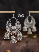 The Motif Moon Triple Jhumkas - Oxidised Boho Earrings