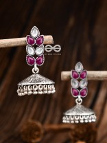 The Olive Branch Intricate Jhumkis - Ruby White - The Embellished Oxidised Collection