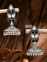 The Olive Branch Intricate Jhumkis - Black White - The Embellished Oxidised Collection