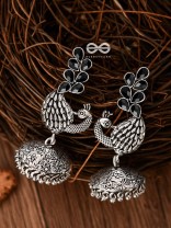 The Dancing Peacocks Engraved Jhumkis (Onyx Black) - Embellished Oxidised Collection