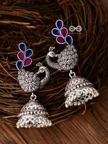 The Enamelled Dancing Peacocks Meenakari Artwork Jhumkas - (Pink-Blue)