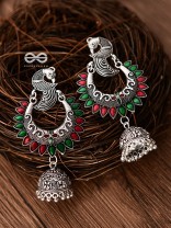 The Intricate Enamelled Peacocks Meenakari Artwork Jhumkas - (Red-Green)